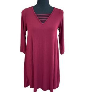 Alya burgundy swing style dress with criss cross bodice details , size S